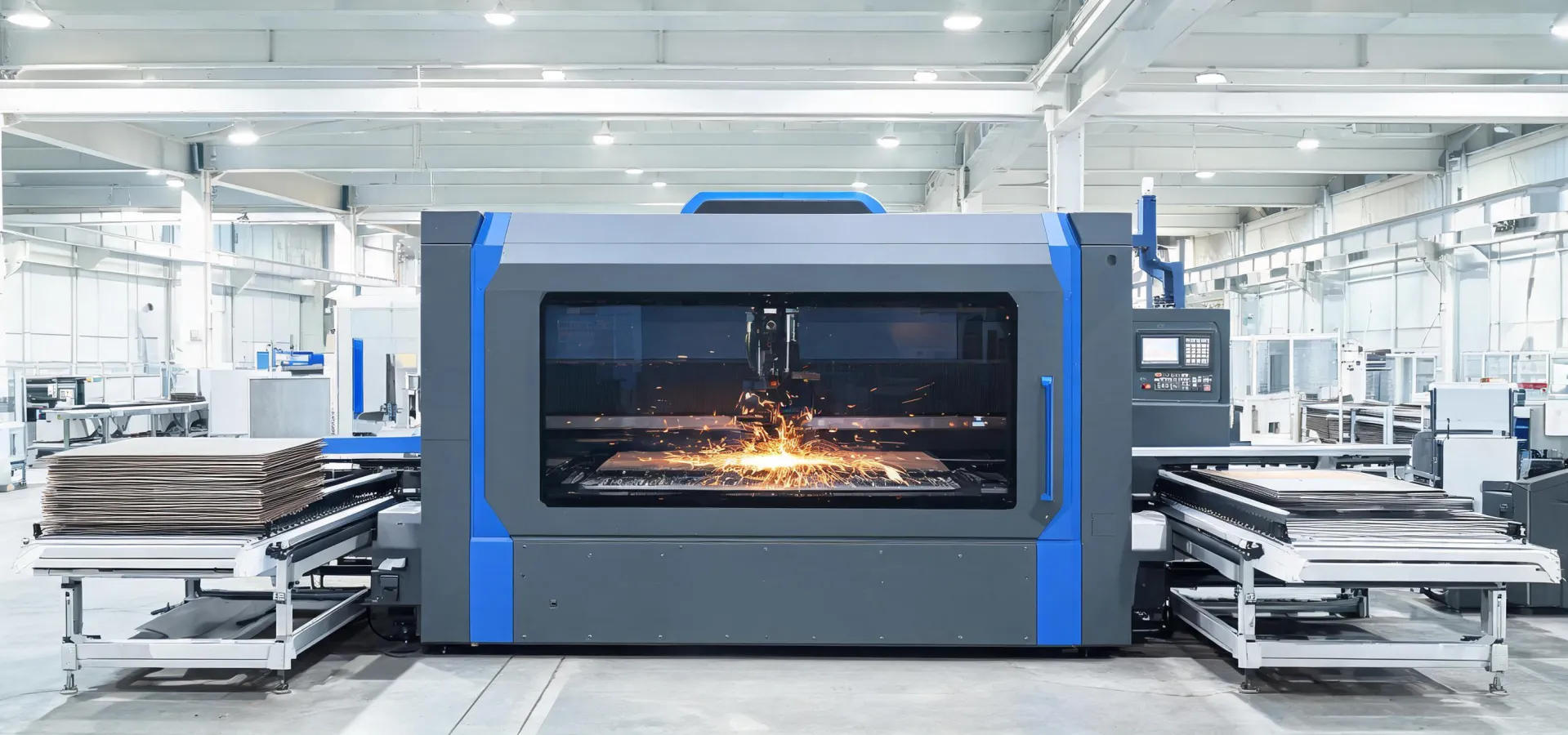 Amada fiber laser cutting cell processing sheet metal