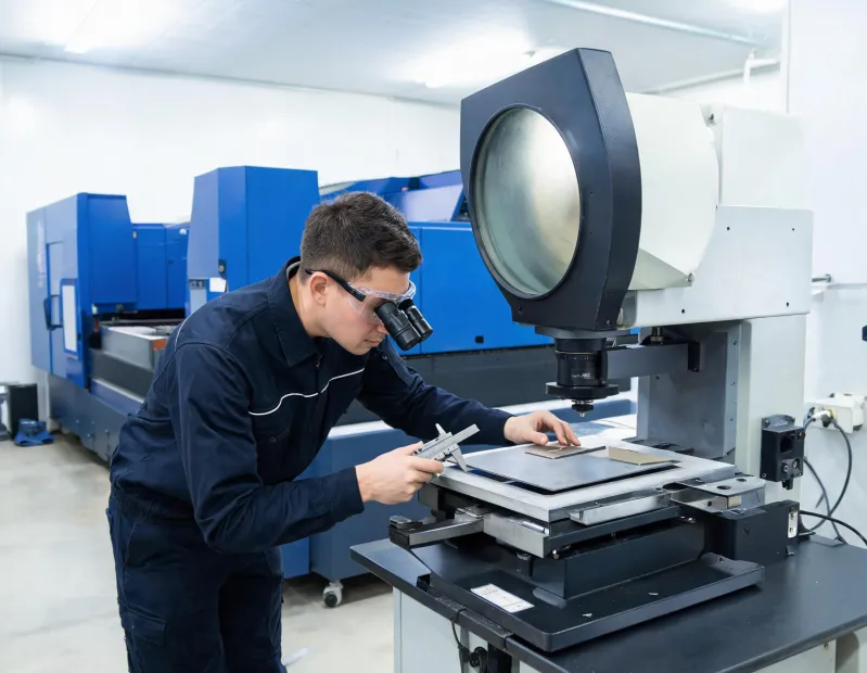 Laser service engineer measuring a cut edge